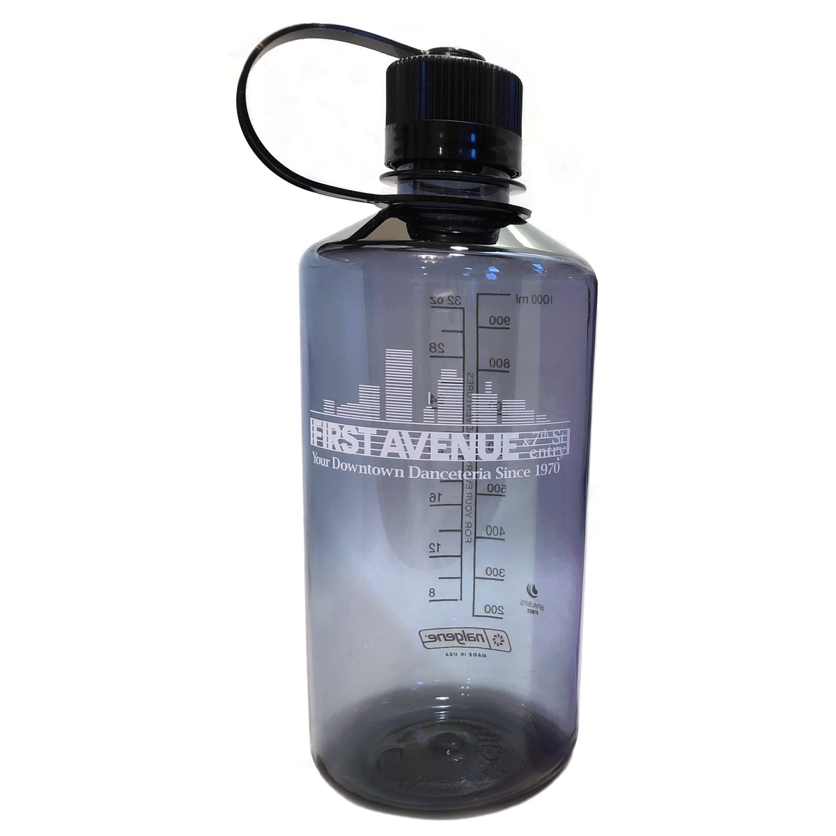 Clear/grey Nalgene narrow mouth water bottle with black cap and First Avenue logo in white.