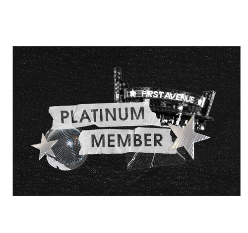 A collage-style design featuring the words 'PLATINUM MEMBER' on torn white banners, a disco ball, star shapes, and a marquee reading 'FIRST AVENUE'.