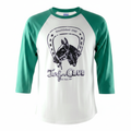 Turf Club Baseball Tee with a white body and green 3/4 length sleeves. Features a distressed black Turf Club logo on the front.