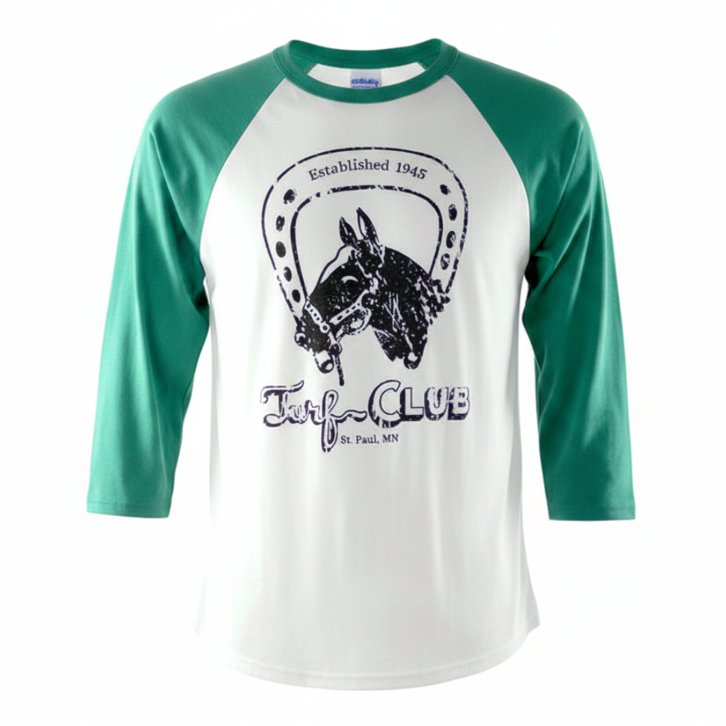 Turf Club Baseball Tee with a white body and green 3/4 length sleeves. Features a distressed black Turf Club logo on the front.