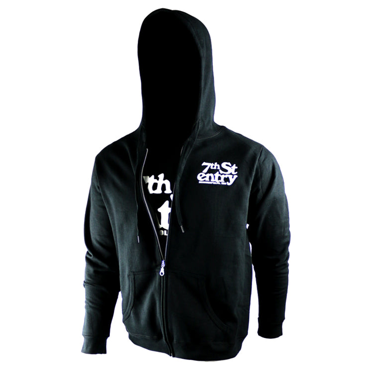 Black hoodie with white 7th St Entry logo screenprinted in white on front left  pocket area.