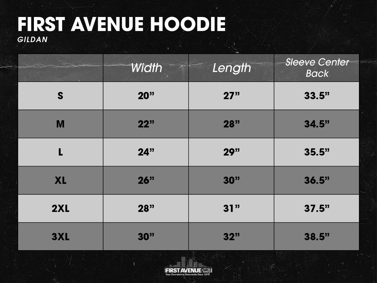Size chart for Gildan Hoodies - dimensions in inches 

S 20" wide x 27" long x 33.5" sleeve
M 22" wide x 28" long x 34.5" sleeve
L 24" wide x 29" long x 35.5" sleeve
XL 26" wide x 30" long x 36.5" sleeve
2XL 28" wide x 31" long x 37.5" sleeve
3XL 30" wide x 32" long x 38.5" sleeve