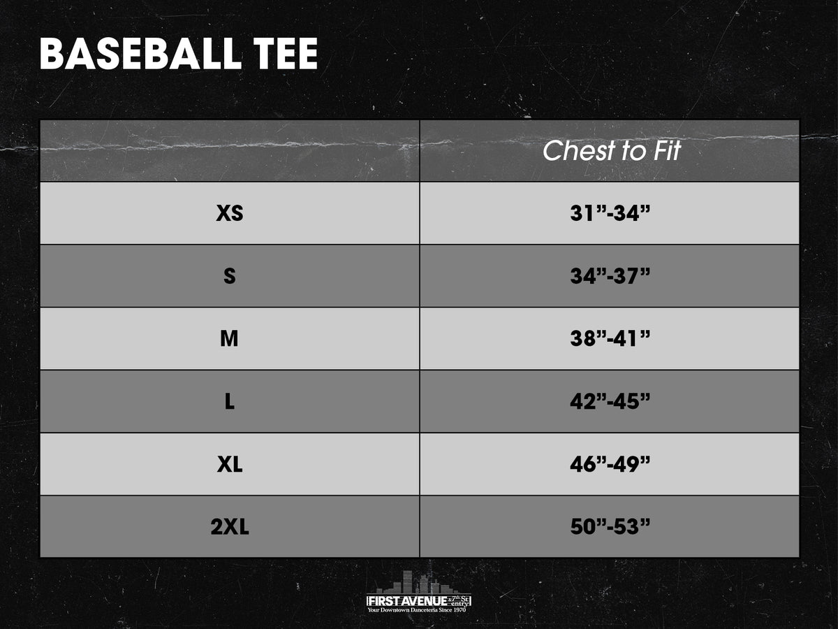 Baseball tee size chart - chest to fit

XS 31" - 34"
S 34" - 37"
M 38" - 41"
L 42" - 45"
XL 46" - 49" 
2XL 50" - 53"