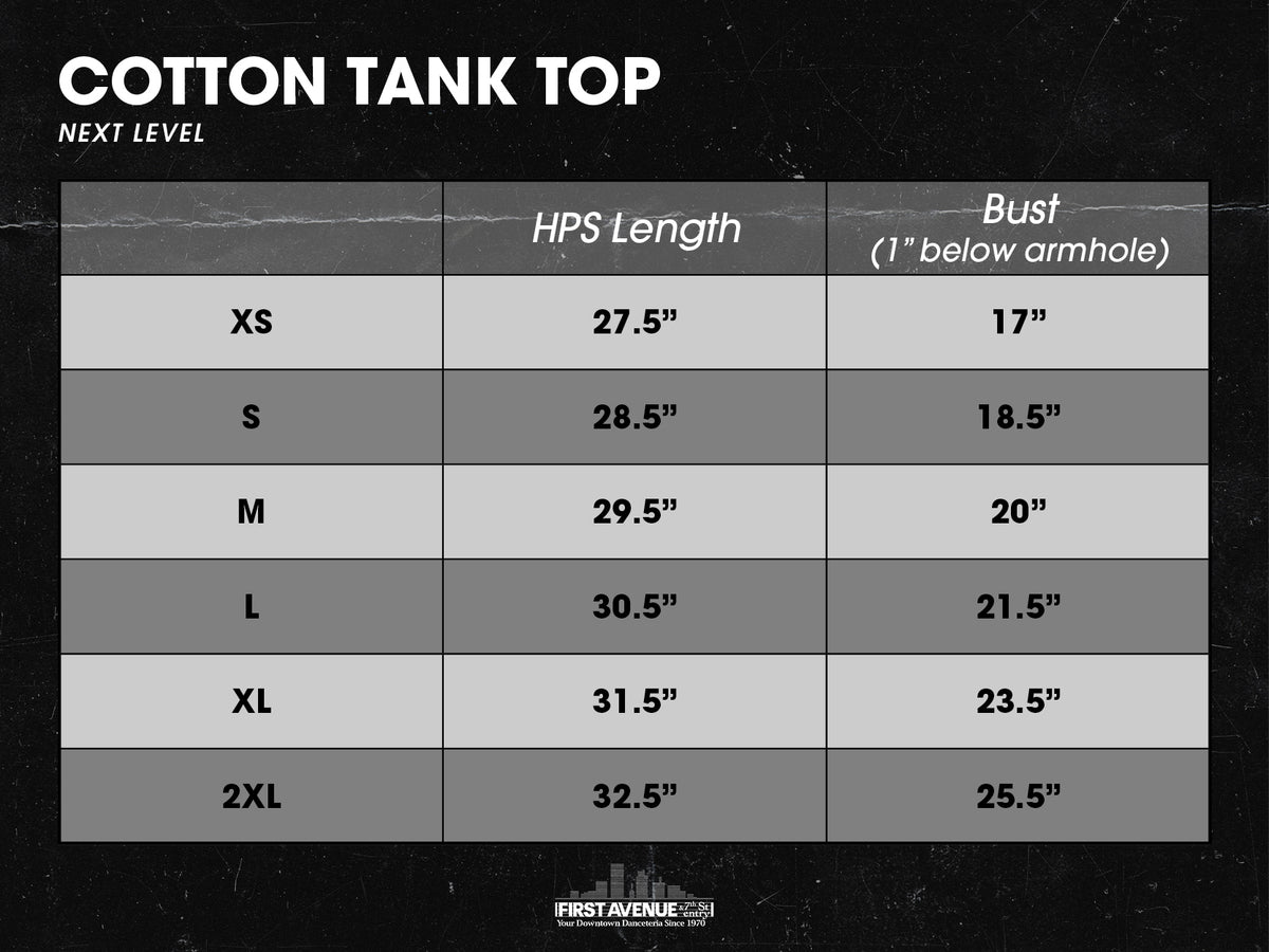 Size chart for Next Level cotton tank tops with measurements in inches.