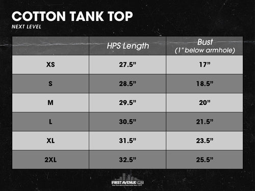 Size chart for Next Level cotton tank tops with measurements in inches.