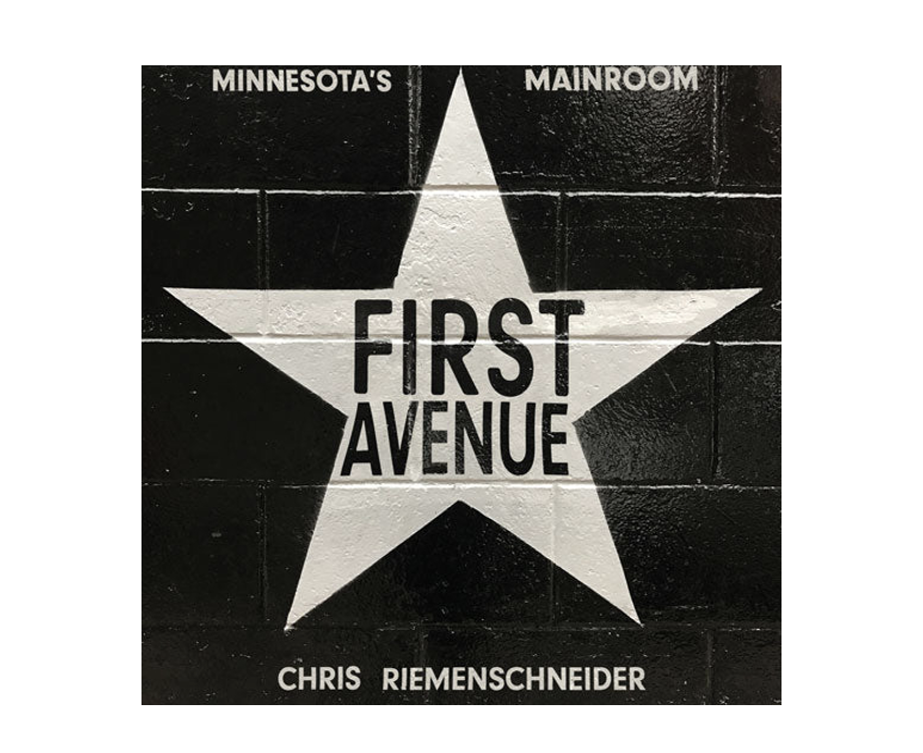 Album cover for Chris Riemenschneider's 'First Avenue', featuring a large white star on a black brick-textured background with white text reading 'MINNESOTA'S MAINROOM' at the top and 'CHRIS RIEMENSCHNEIDER' at the bottom.