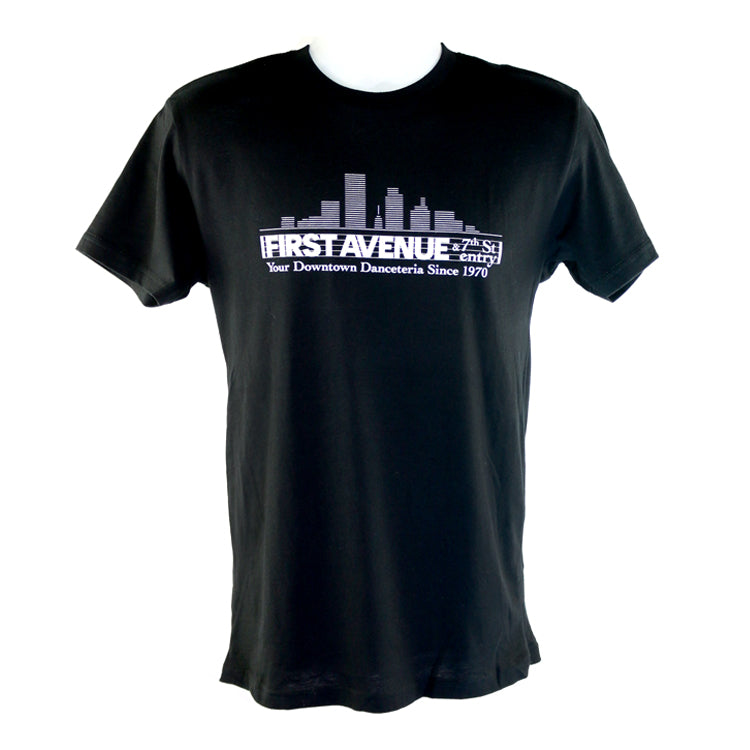 Black t-shirt with classic First Avenue logo screenprinted in white on chest.