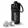 Downbeats Hi-Fi Earplugs in a black metal case with the First Avenue logo in white. 