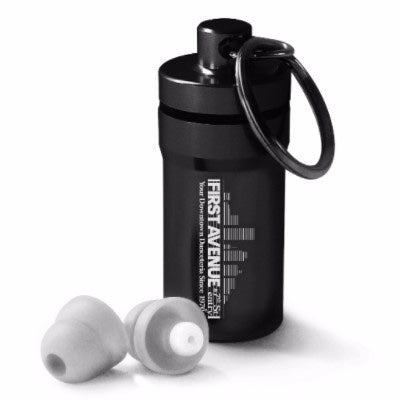 Downbeats Hi-Fi Earplugs in a black metal case with the First Avenue logo in white. 
