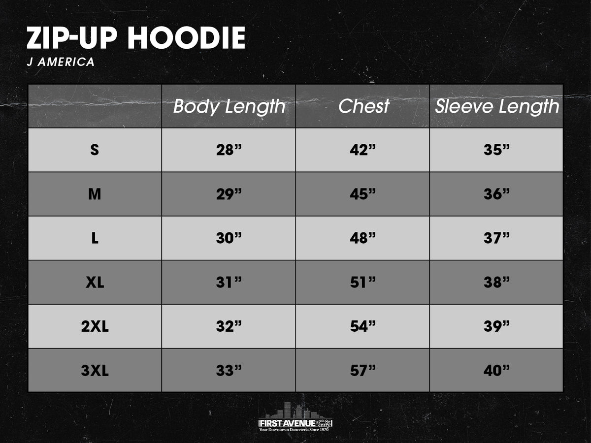 Size chart for J America zip-up hoodies - dimensions in inches.

S 28" long x 42" wide x 35" sleeve
M 29" long x 45" wide x 36" sleeve
L 30" long x 48" wide x 37" sleeve
XL 31" long x 51" wide x 38" sleeve
2XL 32" long x 54" wide x 39" sleeve
3XL 33" long x 57" wide x 40" sleeve