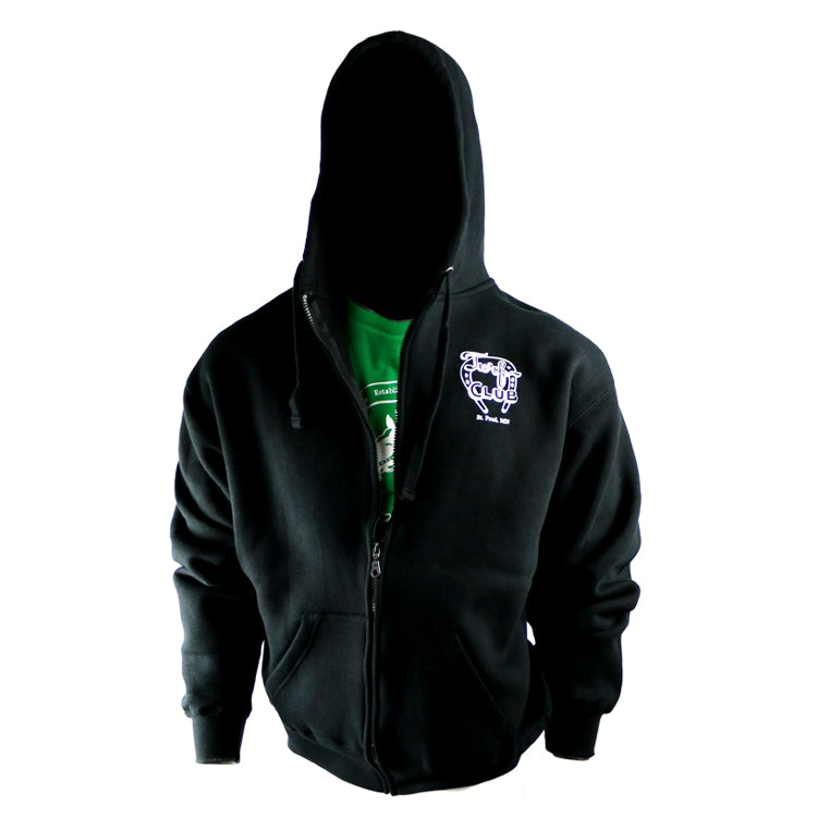 Black zip hoodie with Turf Club in white on the pocket area.