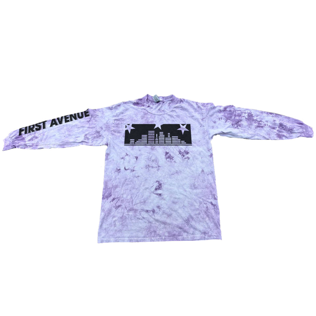 Purple tie-dye long-sleeve shirt with 'First Avenue' in black om one sleeve; skyline and star graphic screenprinted in black on the front.