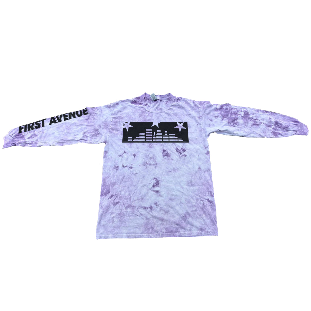 Purple tie-dye long-sleeve shirt with 'First Avenue' in black om one sleeve; skyline and star graphic screenprinted in black on the front.