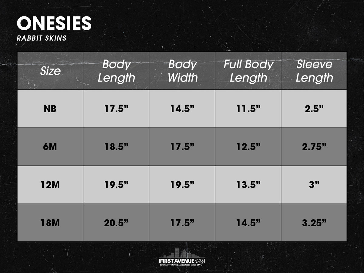 Size chart for Rabbit Skin onesies -  measurements in inches.