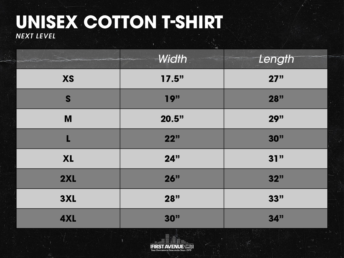 Size chart for Next Level unisex cotton t-shirts with dimensions in inches.

XS 17.5" wide x 27" long
S 19 wide x 28" long
M 20.5" wide x 29" long
L 22" wide x 30" long
XL 24" wide x 31" long
2XL 26" wide x 32" long
3XL 28" wide x 33" long
4XL 30" wide x 34" long