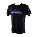 Black t-shirt with First Avenue logo screenrpinted in purple on the chest.