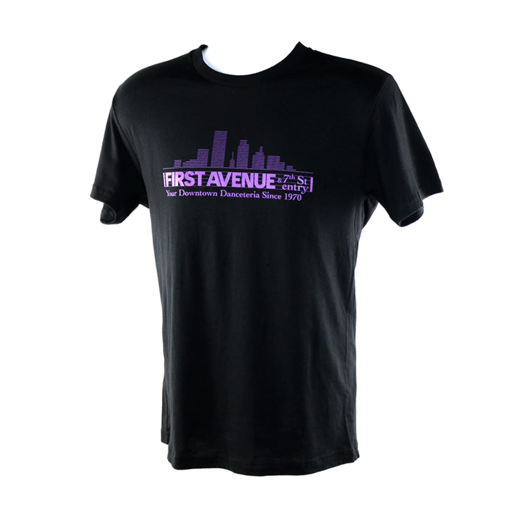Black t-shirt with First Avenue logo screenrpinted in purple on the chest.