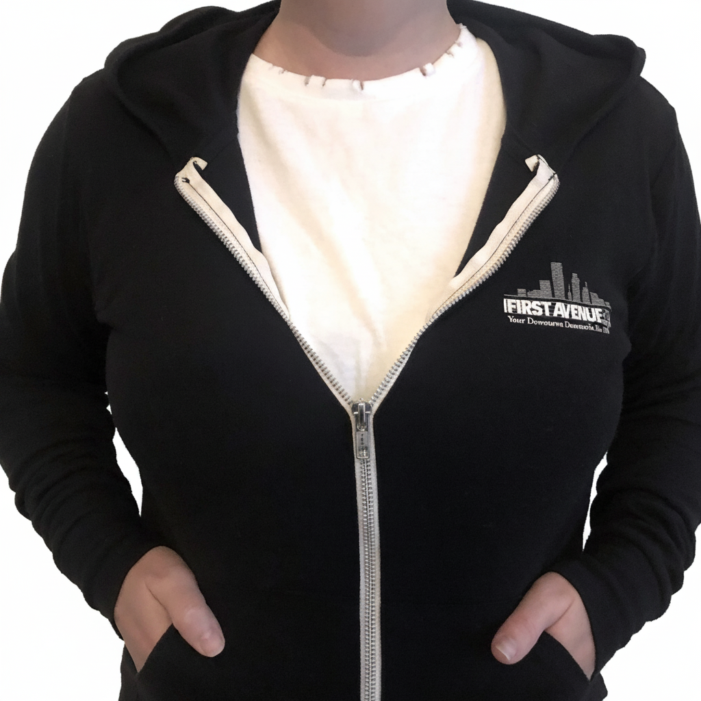 First Ave Thin Zip in black with white zipper lining and a First Avenue logo screenprinted on the chest pocket area. Also features the First Avenue logo screenprinted in white on the back.