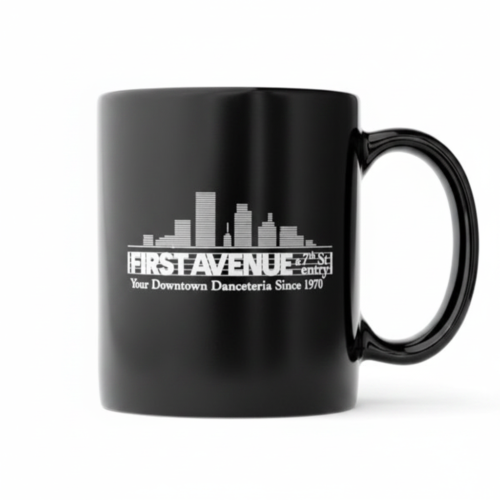 First Avenue Mug in black with the First Avenue logo in white.