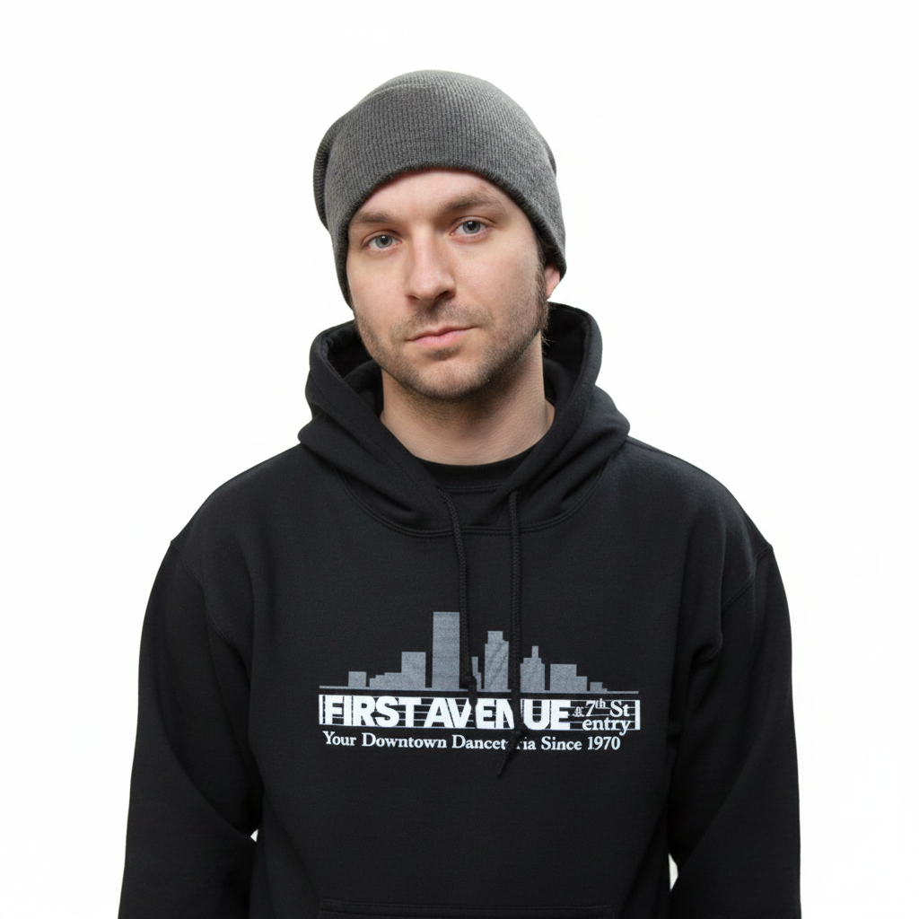 First Avenue Pullover Hoodie in black with the First Avenue logo screenprinted in white on the chest.