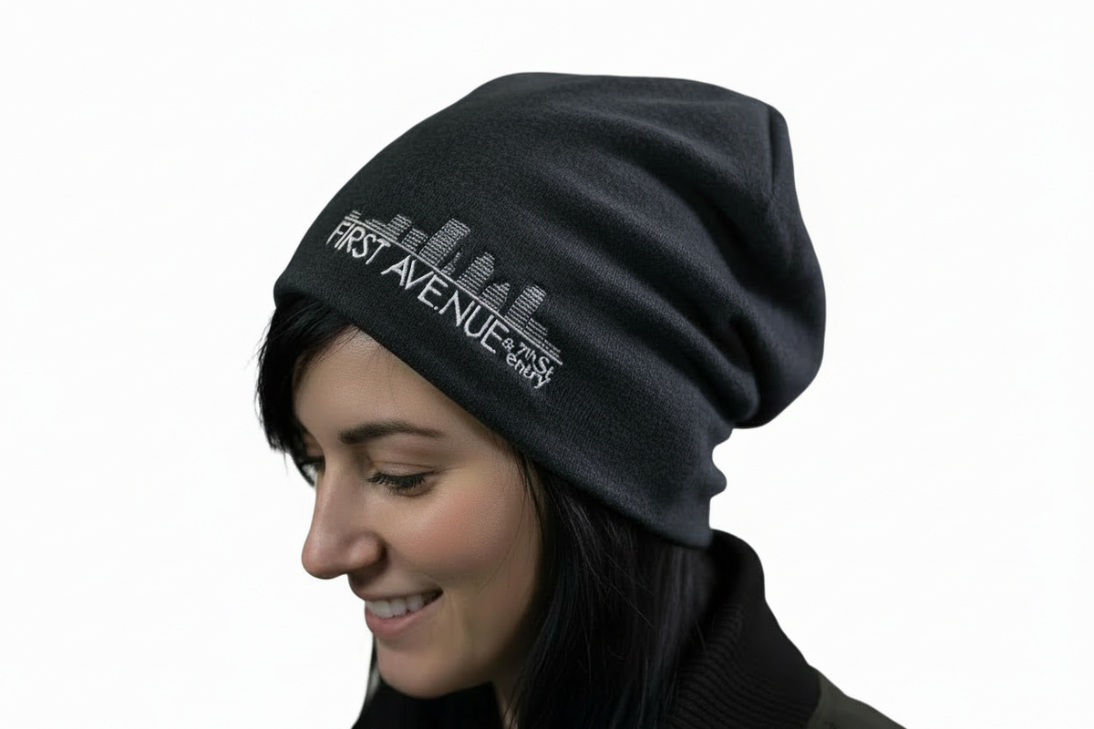 First Avenue Slouch Hat - dark grey hat with the First Avenue logo embroidered in white