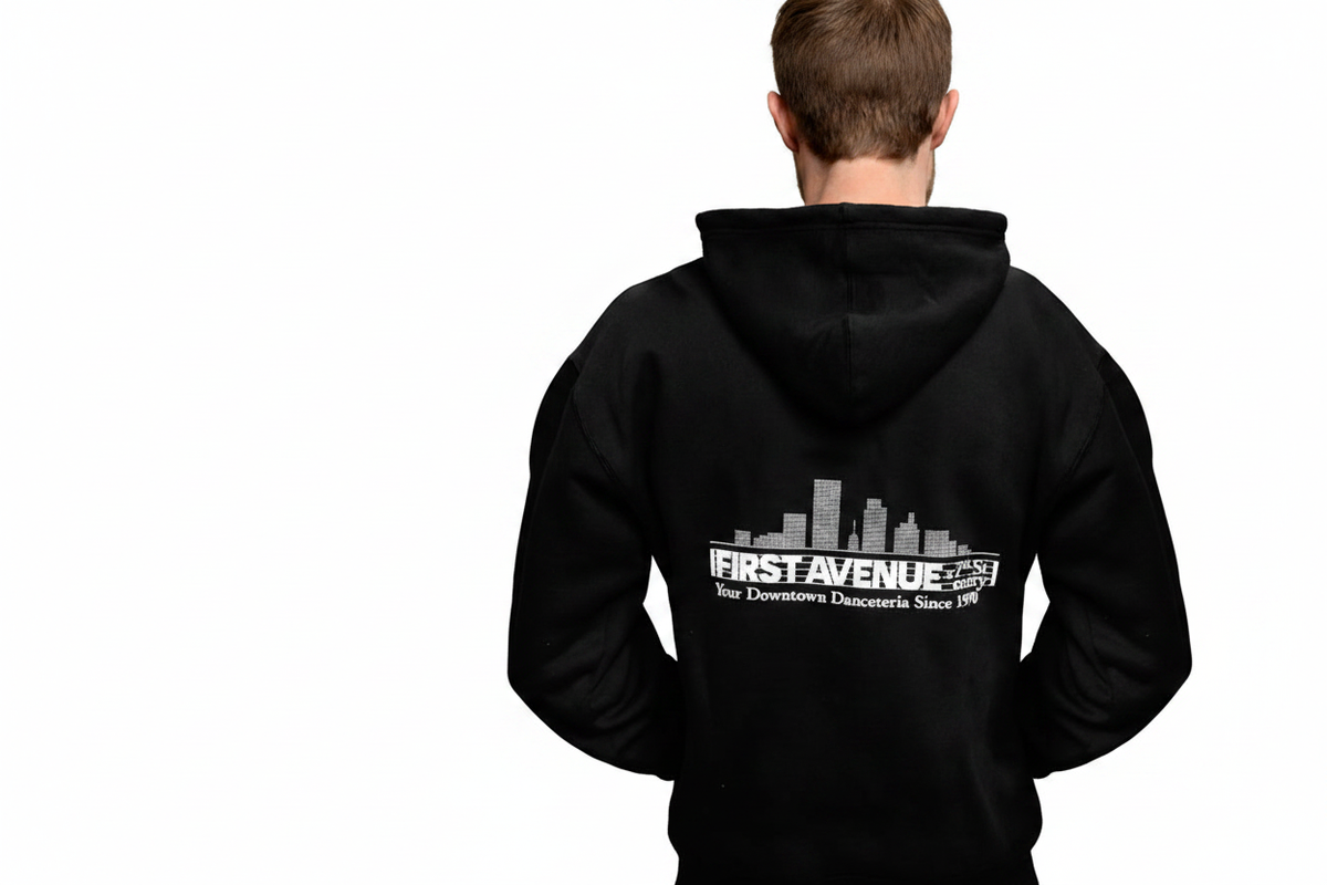 First Avenue Zip-Up Hoodie Back - with the 7th St Entry logo screenprinted in white on the back. Also has the logo screenprinted in white on the chest pocket area on the front.