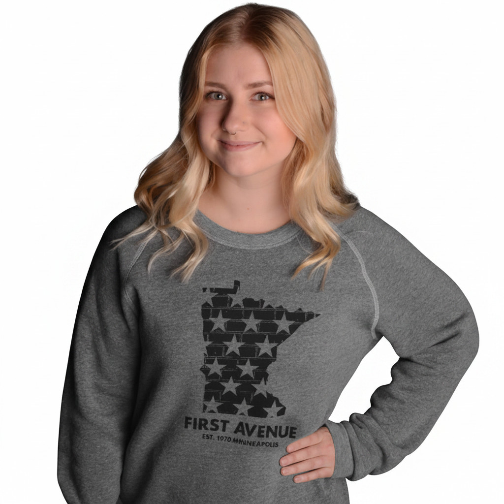 First Avenue grey crew neck sweatshirt with a black screenprinted image of the state of Minnesota with a brick wall/star pattern on it. "FIRST AVENUE EST. 1970 MINNEAPOLIS" is written underneath.