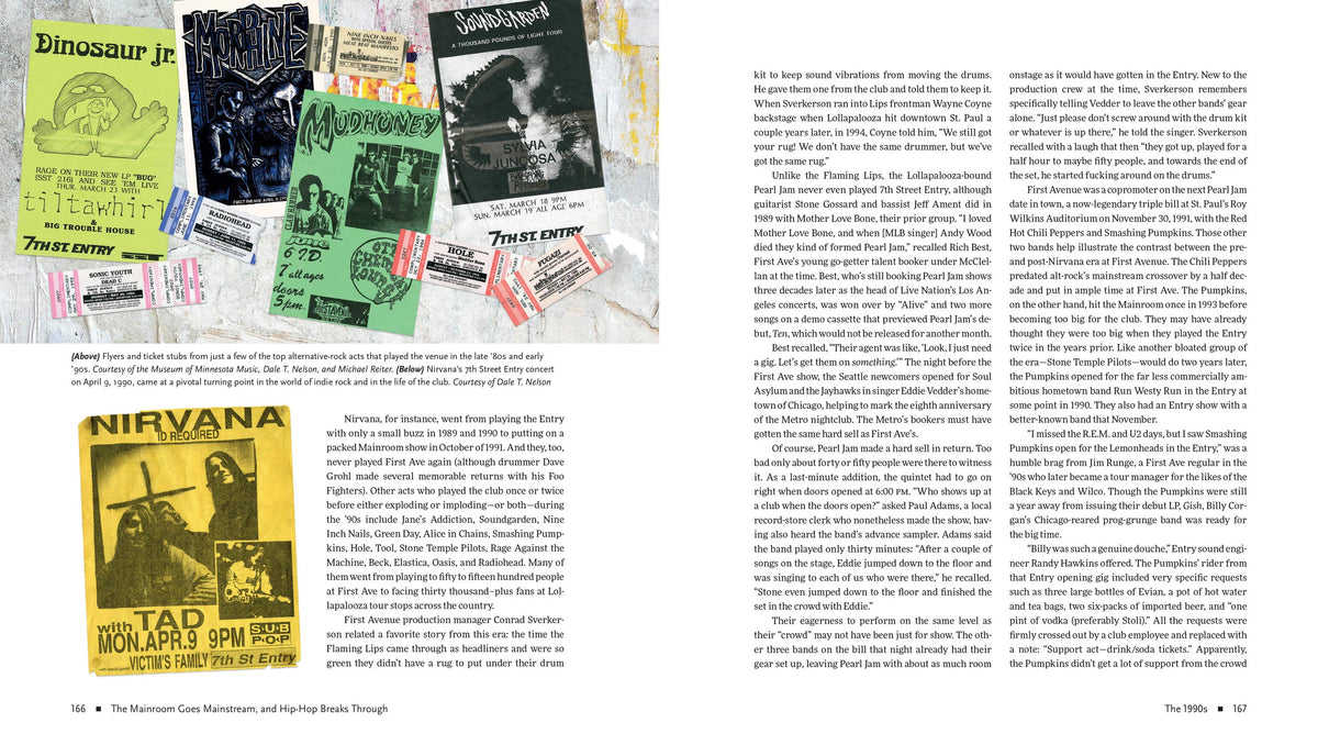 A printed page spread featuring multiple band posters and album art collaged across the top, with two columns of text below and a large Nirvana poster in the lower left. 