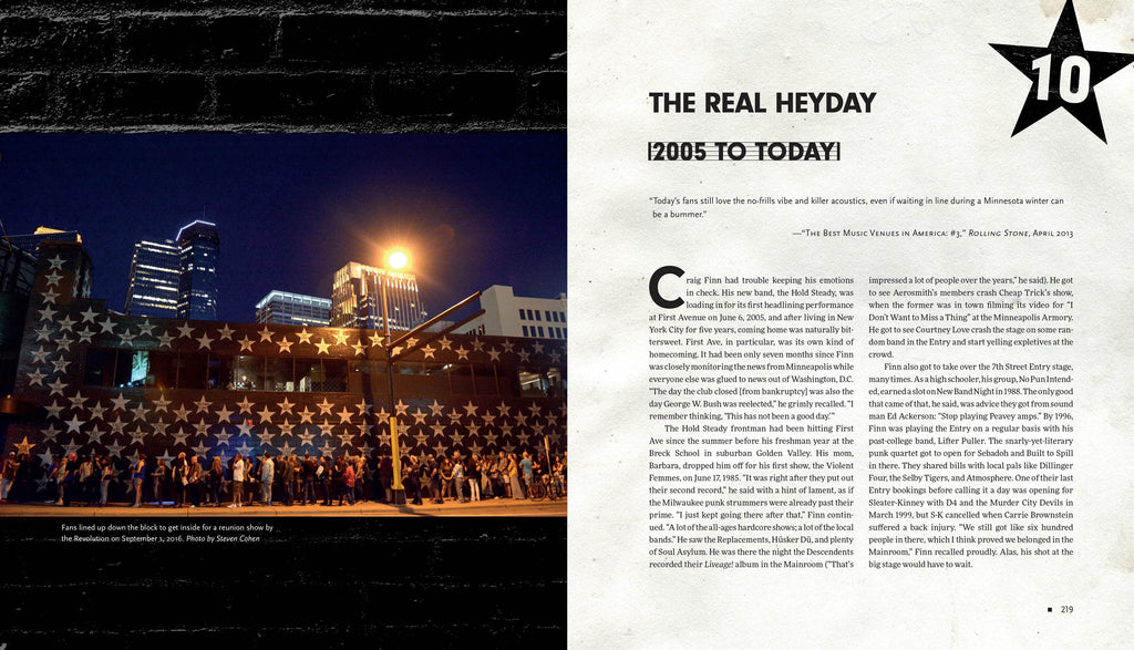 A printed magazine or book spread showing a nighttime city street scene on the left with a large black star graphic and headline 'THE REAL HEYDAY! 2005 TO TODAY!' plus body text on the right.