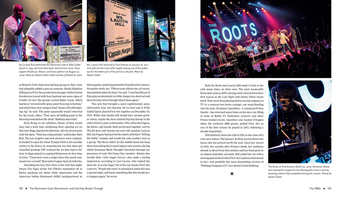 A printed magazine or book spread with two columns of text and several embedded photos. The photos show people at a venue, a live band performing on stage under colorful lights, and a man in a dark jacket against a lit background.