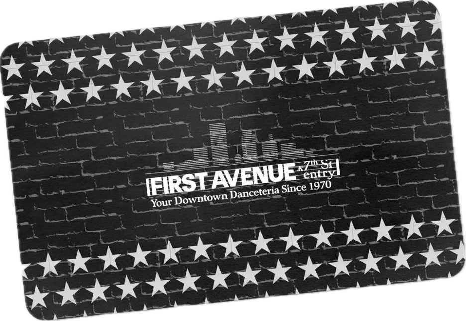 A black gift card featuring a distressed brick pattern, white stars along the borders, and white text in the center reading 'FIRST AVENUE & 7th St Entry Your Downtown Danceteria Since 1970'.