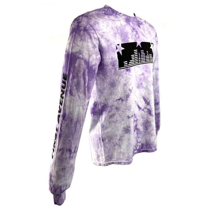 Purple tie-dye long-sleeve shirt with black skylline and star graphics on the chest and "First Avenue" on one sleeve