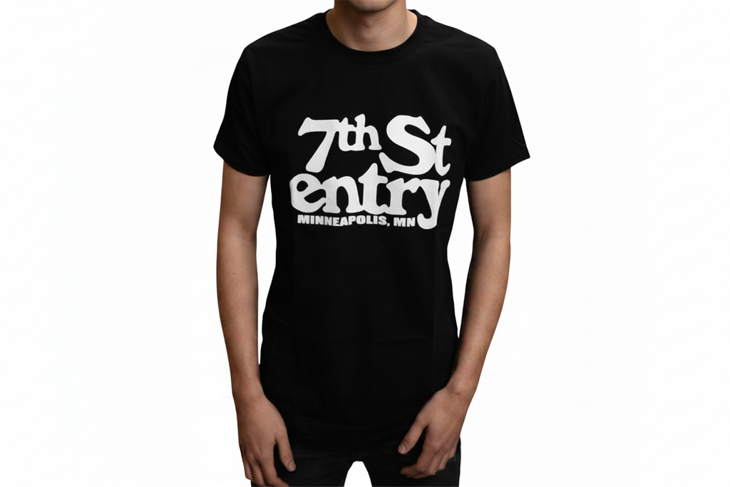 7th St Entry tee in black with the 7th St Entry logo screenprinted in white on the chest.