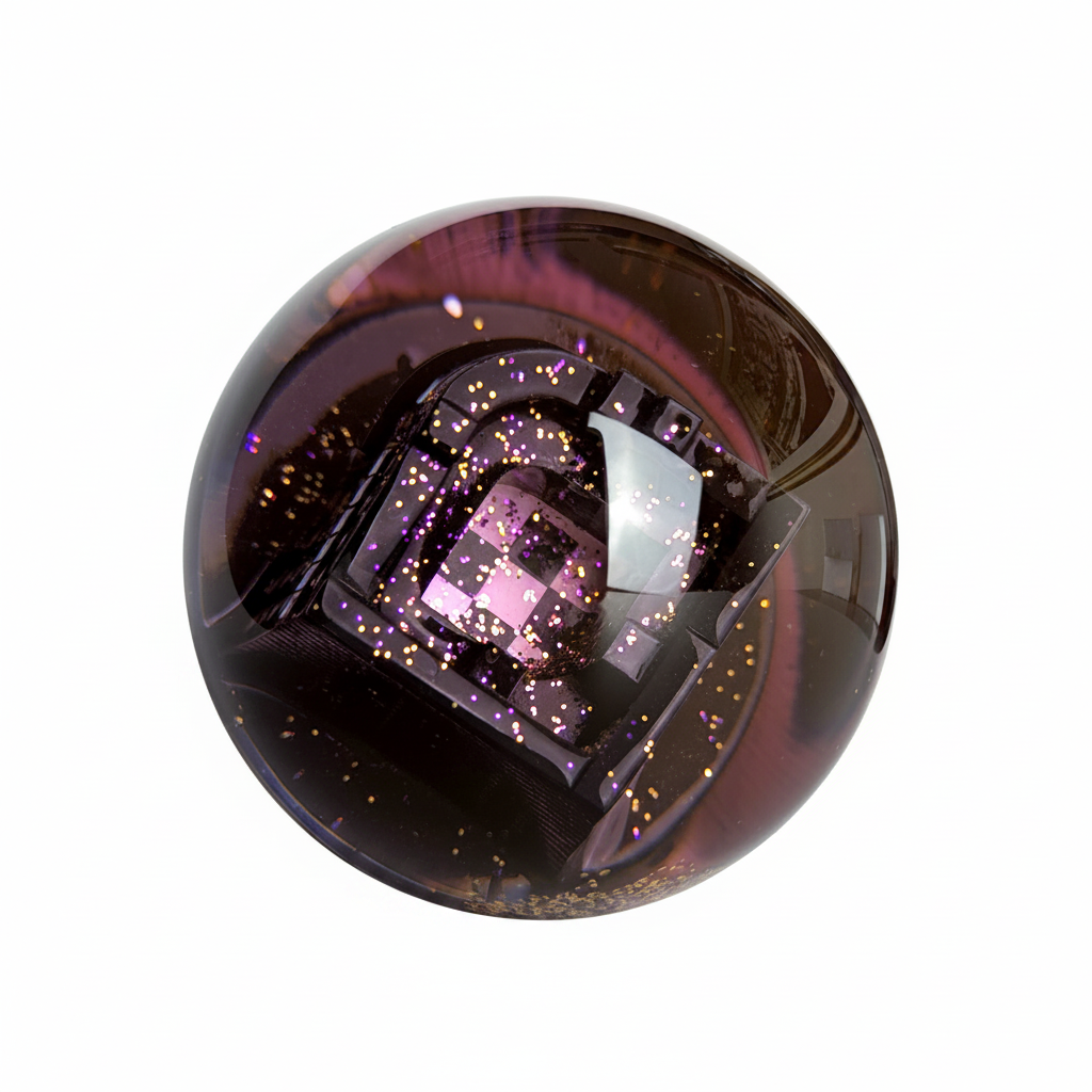 Top view of the First Avenue snowglobe showcasing the purple and gold glitter as well as the iconic checkered dance floor.