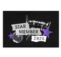 A black graphic print featuring torn white paper strips that read 'STAR MEMBER' and '2026', with a disco ball, and purple star shapes.