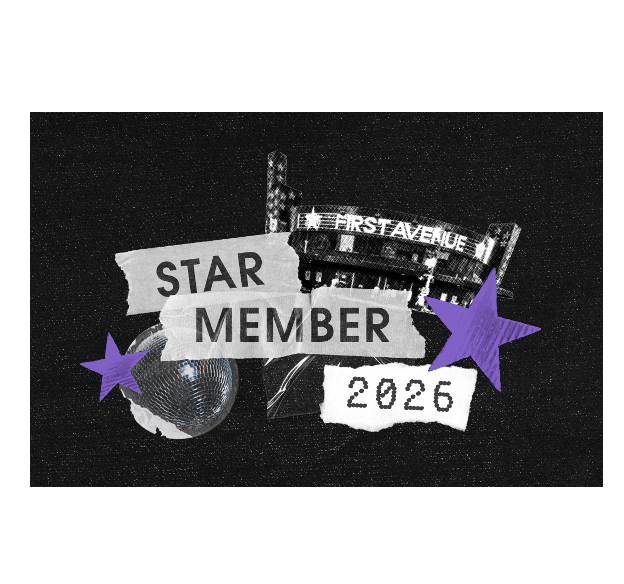 A black graphic print featuring torn white paper strips that read 'STAR MEMBER' and '2026', with a disco ball, and purple star shapes.