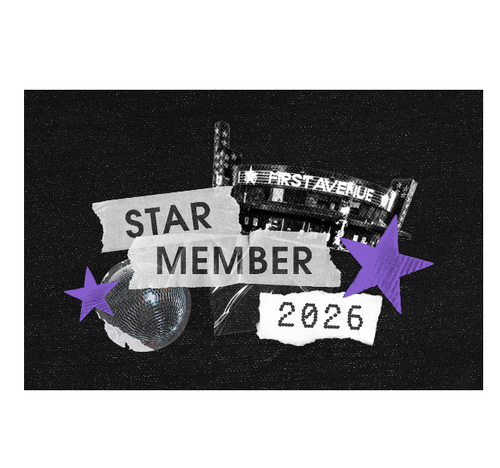 A black graphic print featuring torn white paper strips that read 'STAR MEMBER' and '2026', with a disco ball, and purple star shapes.
