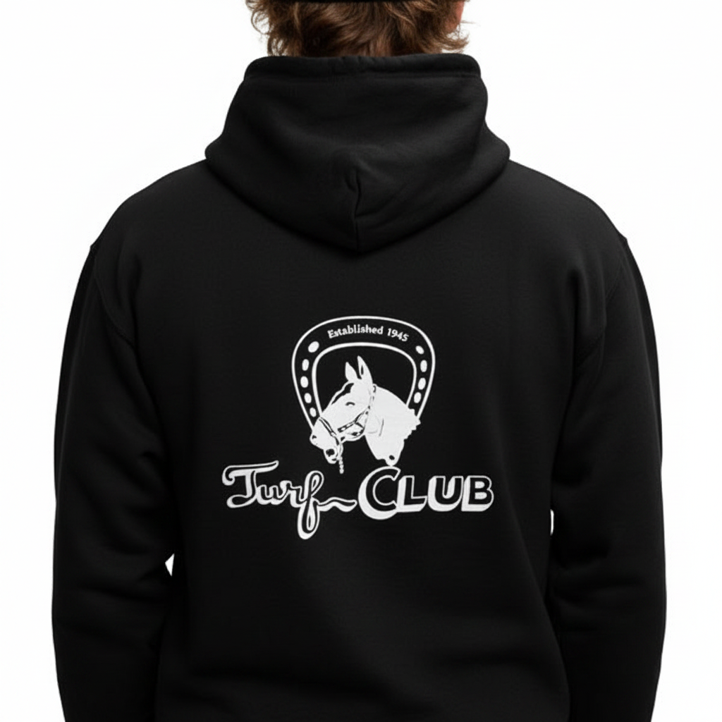 Turf Club Hoodie in black with the Turf Club logo screenprinted in white on the back. This hoodie also has the Turf Club logo on the front pocket area.