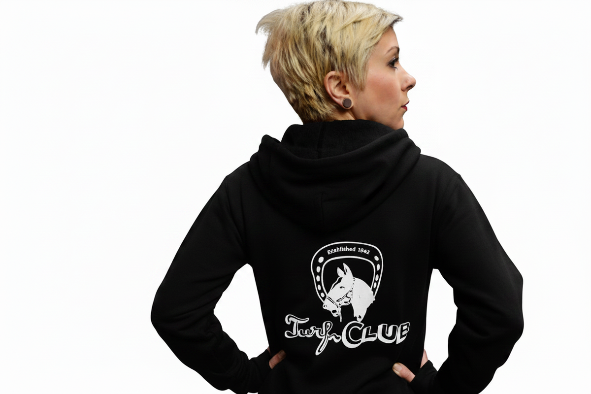 Turf Club Ladies Hoodie with the 7Turf Club logo screenprinted in white on the back. Also has the logo screenprinted in white on the chest pocket area on the front.