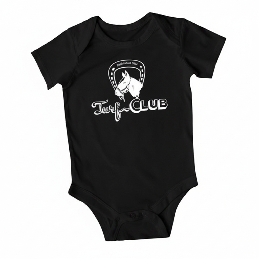 Turf Club Onesie - black with the Turf Club  logo screenprinted in white on the front.