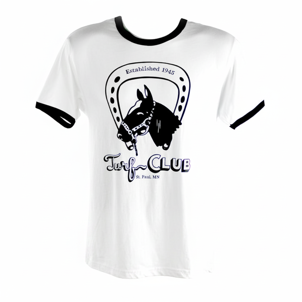 Turf Club Ringer Tee in white with black around the neckline and arms. Turf Club logo in black on the front.