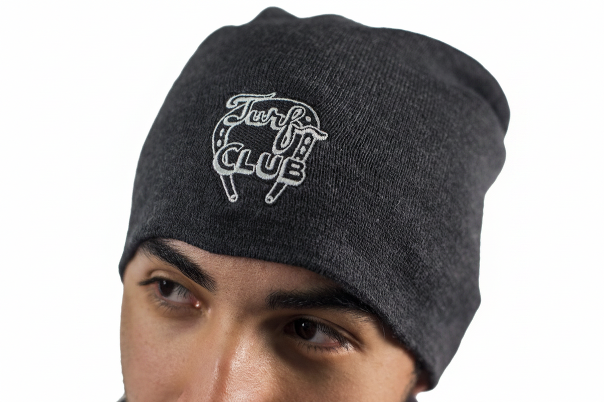 Turf Club Slouch Hat - grey knit Turf Club hat with "Turf Club" and horseshoe embroidered in white on the front.