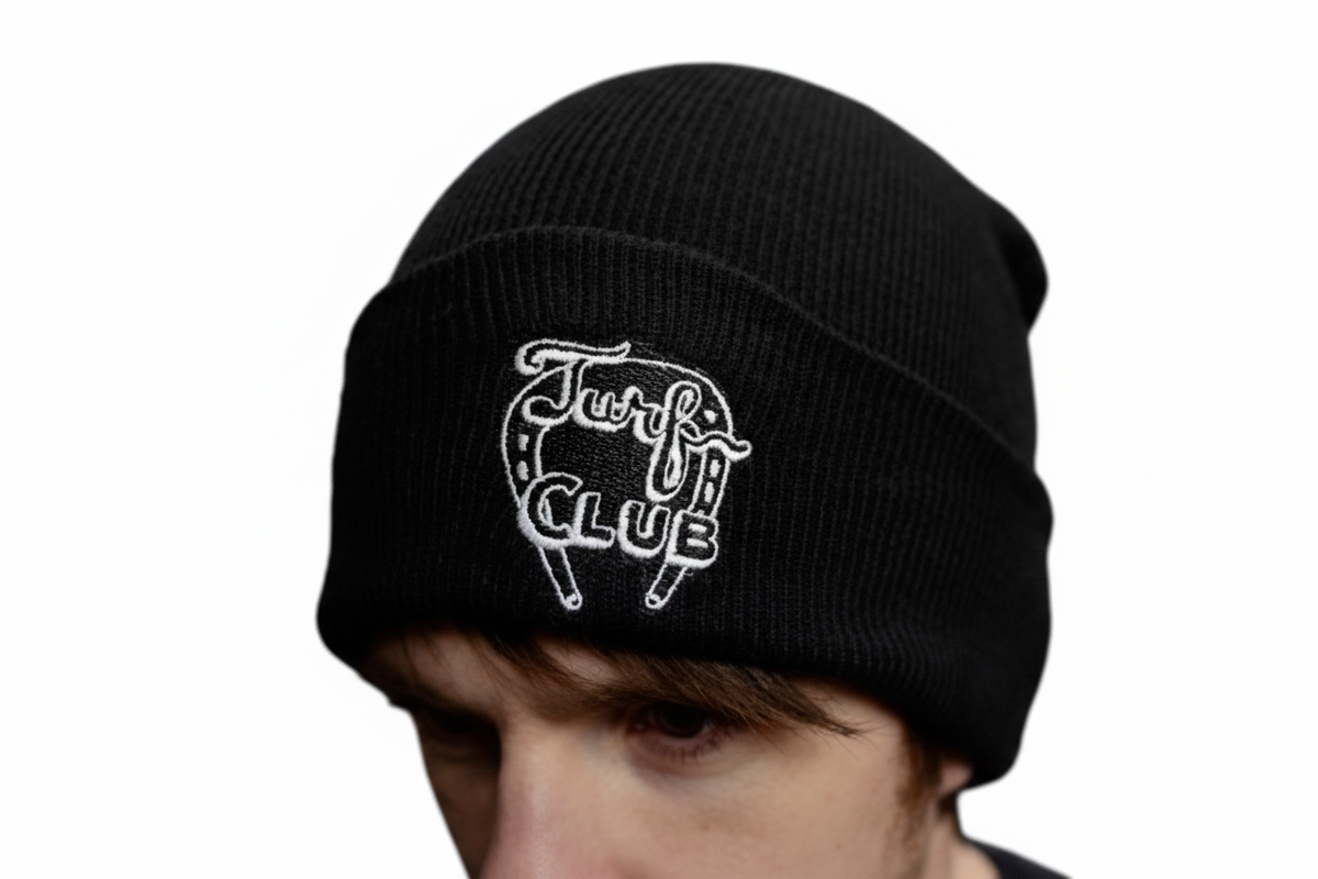 Turf Club Stocking Cap - black knit hat with white "Turf Club" and horseshoe image embroidered on the front